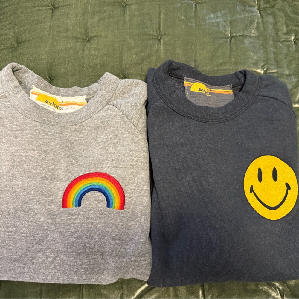 Aviator Nation Gray and Black Sweatshirts with Rainbow and Smiley Graphics